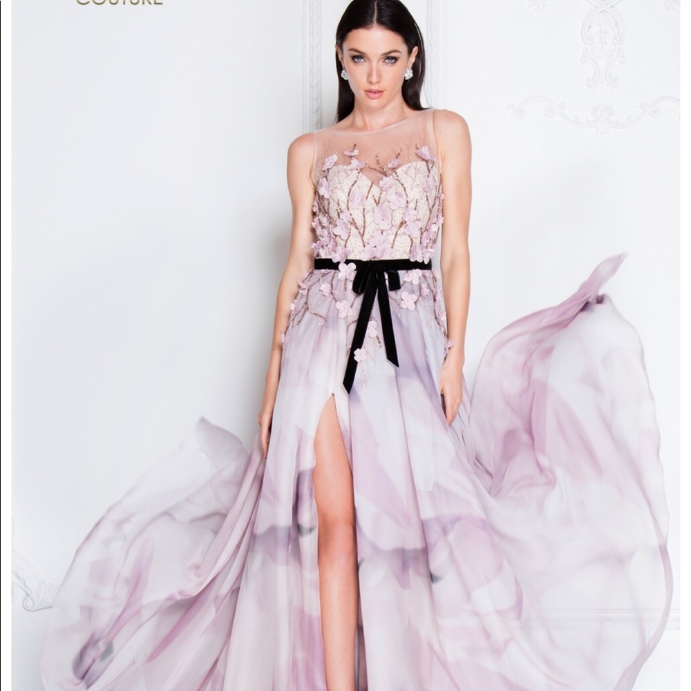 Terani Water Colored 3D Floral Couture Prom Dress